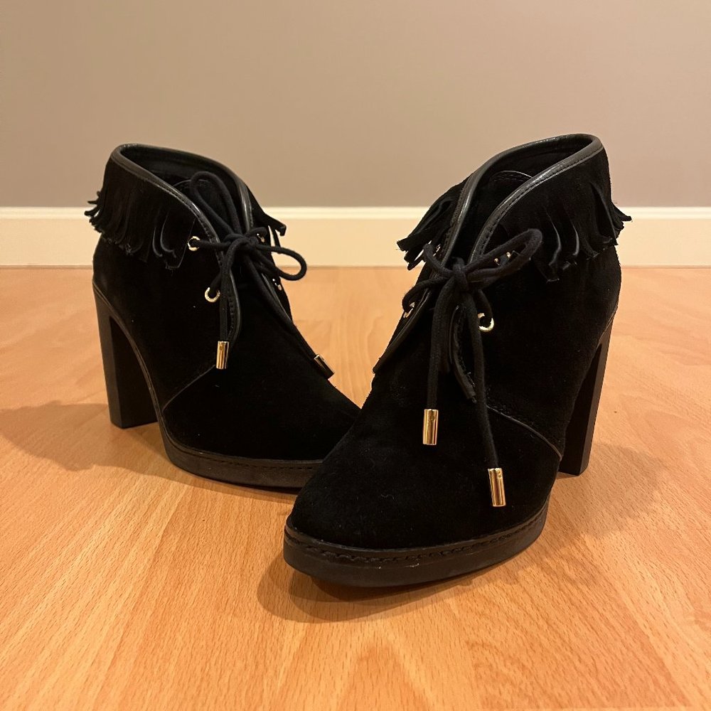 TORY BURCH HILARY Black Suede/ Shearling Fringe Boots Size 8